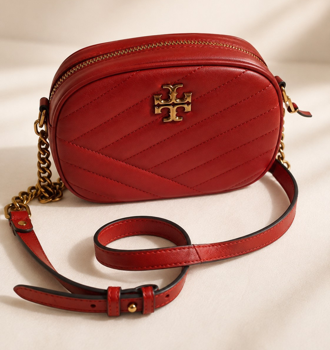 Tory Burch Red Quilted Crossbody Camera Bag Zip Closure Gold Hardware Logo