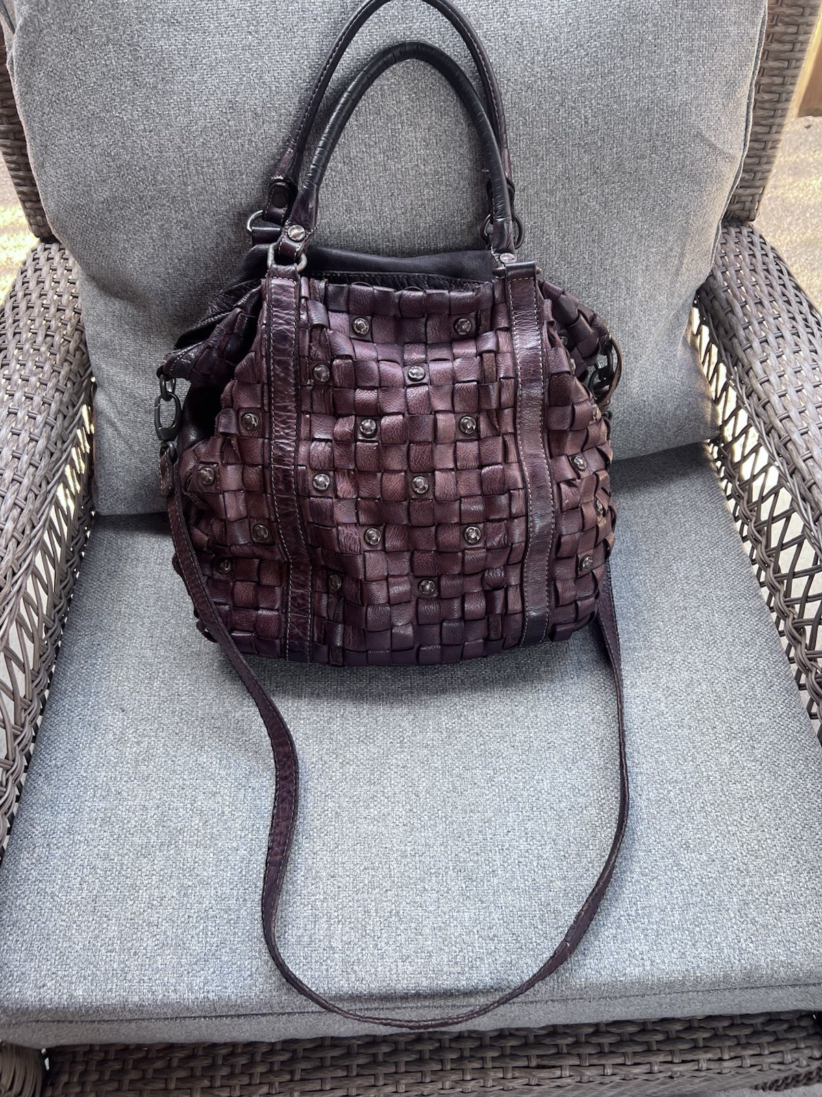 Civico 93 Italian Woven Leather Tote Bag Studded Brown Shoulder Crossbody Italy