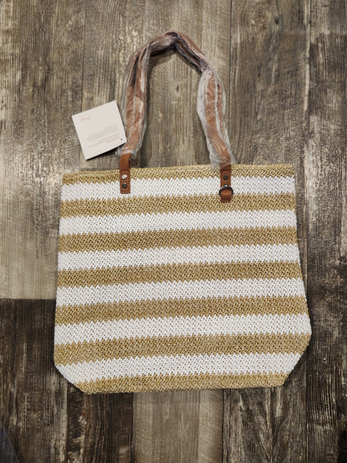 Thirty-One “Around Town Tote” – AF89 White Striped Straw Shoulder Bag…
