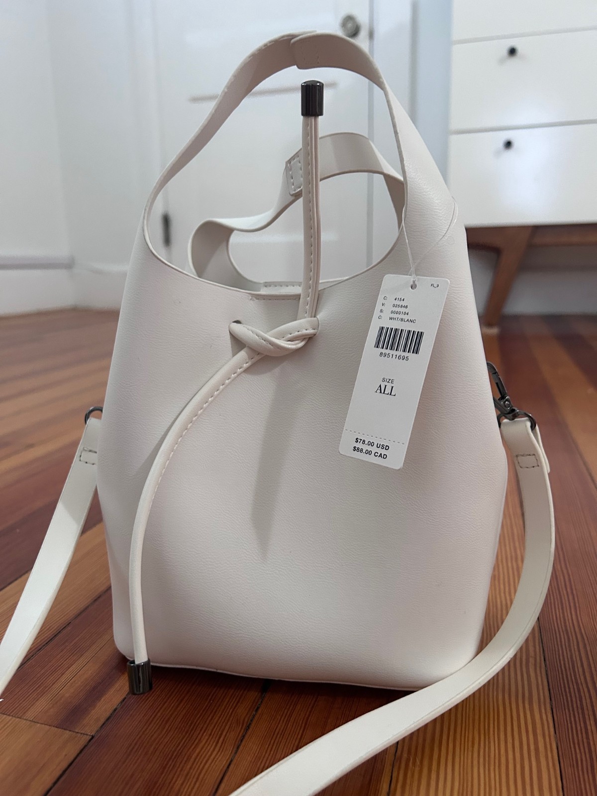 Anthropologie White/Ivory Vegan Leather Bucket Bag with Crossbody Strap NWT