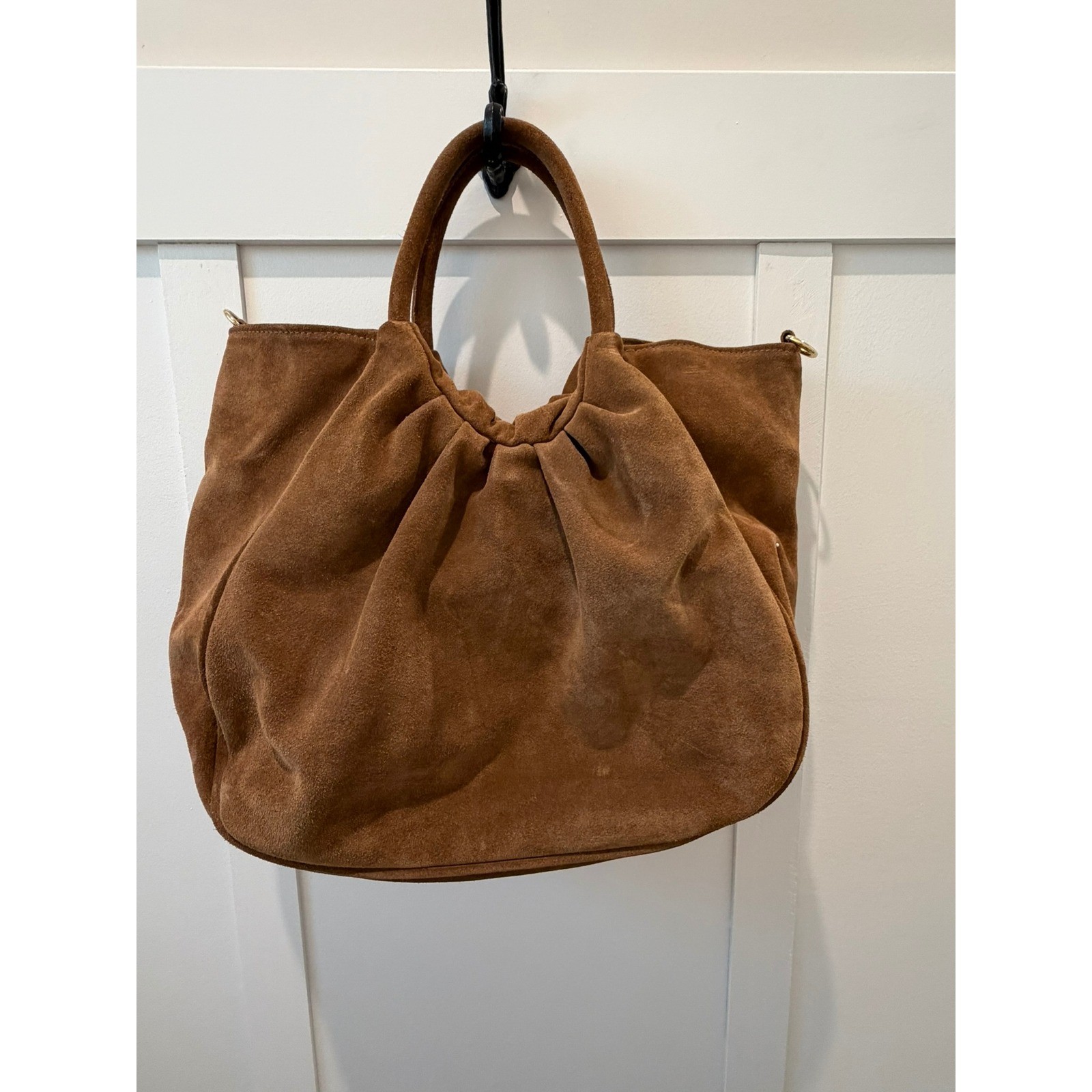 Made in Italy Genuine Suede Leather Tote Bag Brown Slouchy Pleated Handbag Large