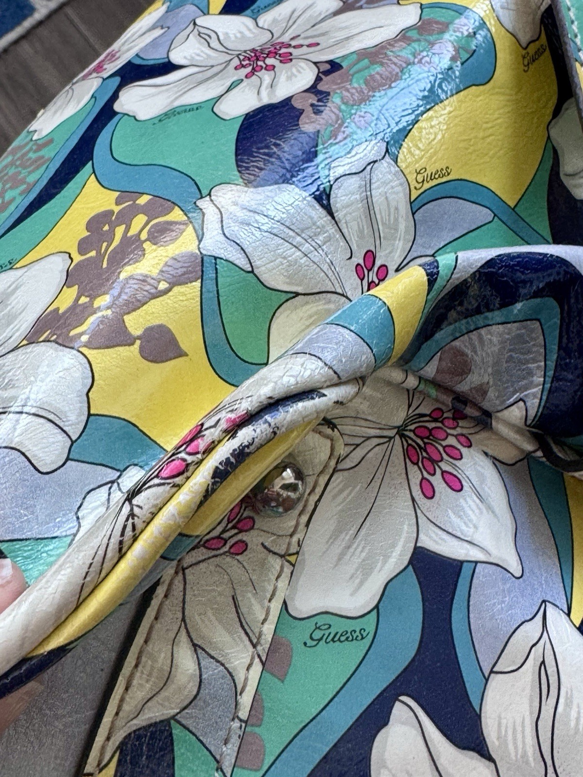 Guess Floral Tote Bag Purse Green Yellow White Gray Navy Blue Y2K Vintage