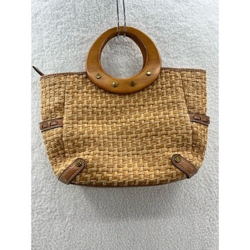 Fossil Handbag Women Small Tan Good Woven Straw Wood Handle Modern Vintage Bag