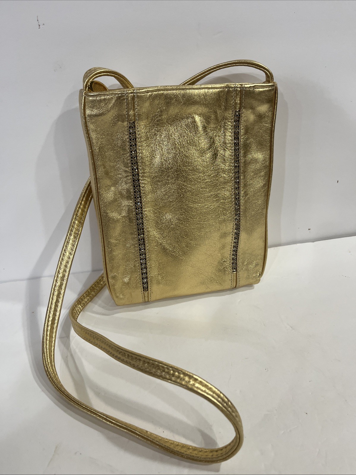 Dawli, 80’s Vintage Gold Leather Retro Crossbody bag with Crystal Detail, USA