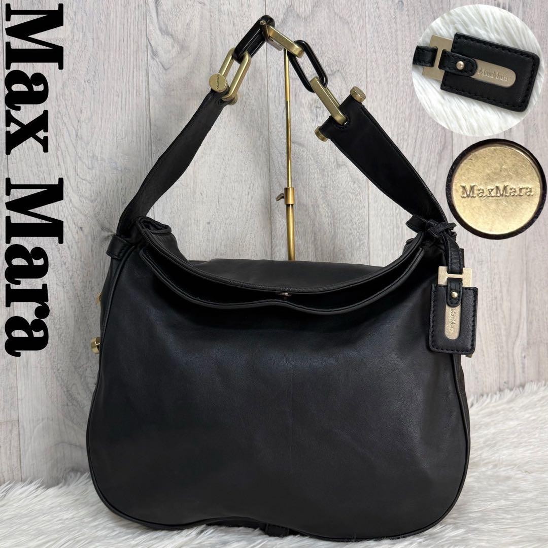 Max Mara Black Leather Hobo Bag Chain Logo A4 Japan 075726