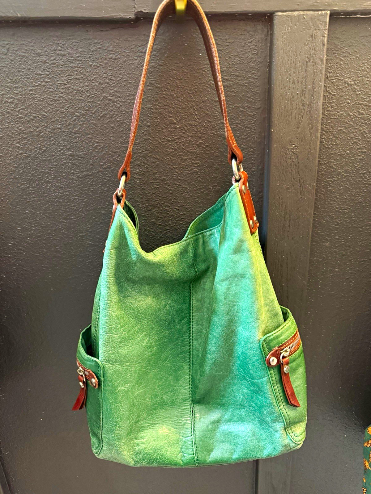 Tano Green Shoulder Bag Brown Strap Silver HW Zip/Magnetic Pockets Lined