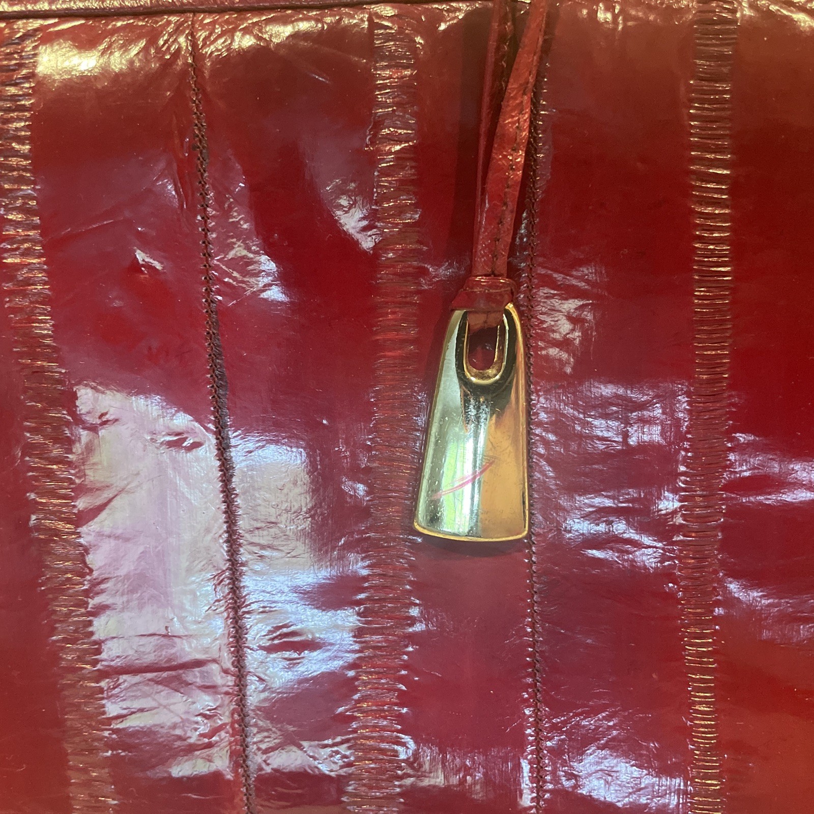 Genuine Eel Skin Shoulder Purse Vintage Handbag Burgundy 8 3/4 In H 12 In W