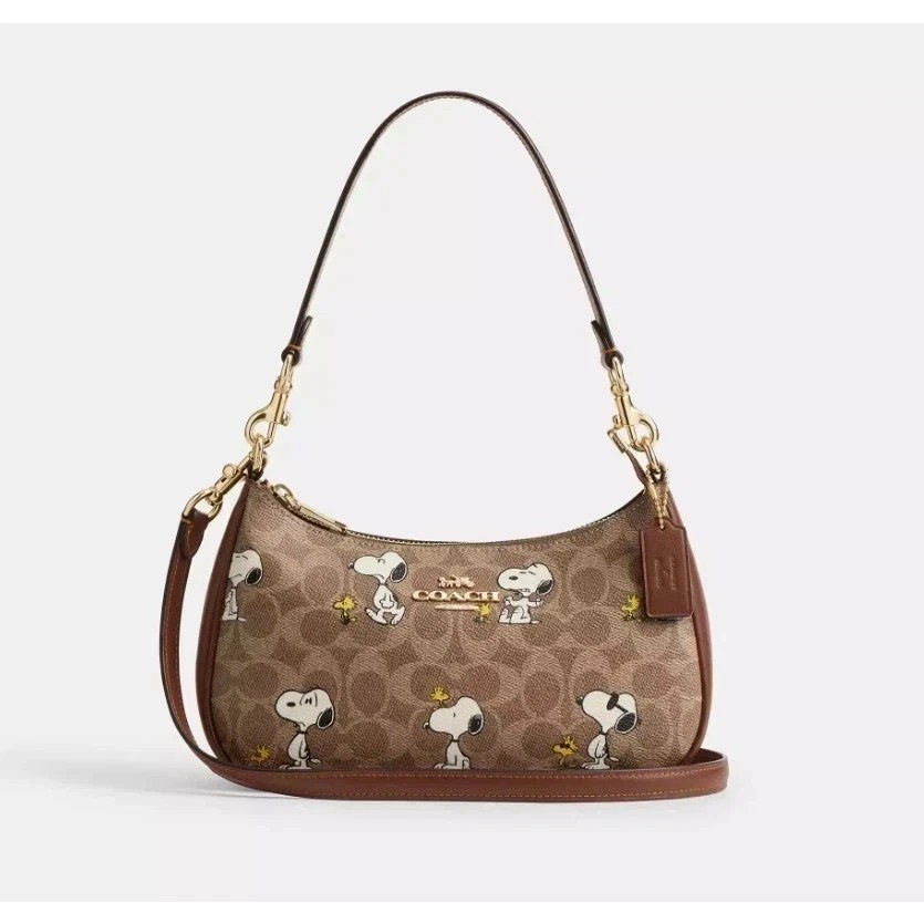 COACH x PEANUTS CBJ88 Teri Shoulder Bag Tan Brown Snoopy Print Signature Canvas