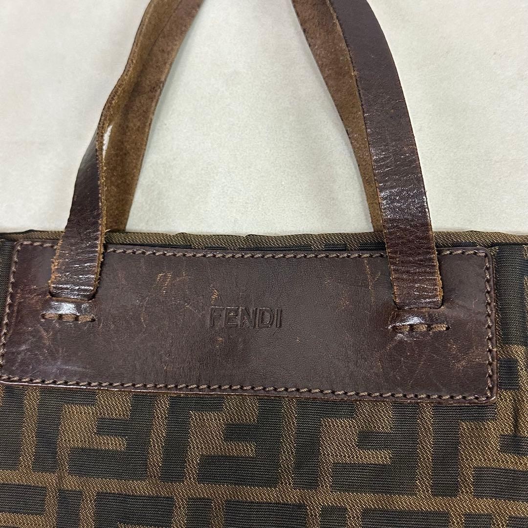 FENDI Zucca FF Tote Hand Bag Ziplock Leather Canvas Brown Beige Silver Hardware