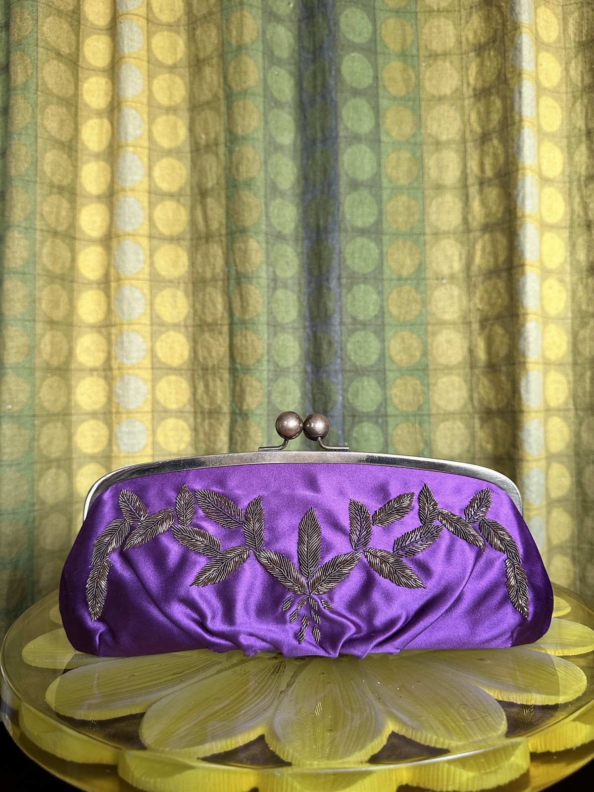 CHLOE Magenta Satin Silk Floral Metal Embroidered Frame Top Kiss lock Clutch Bag