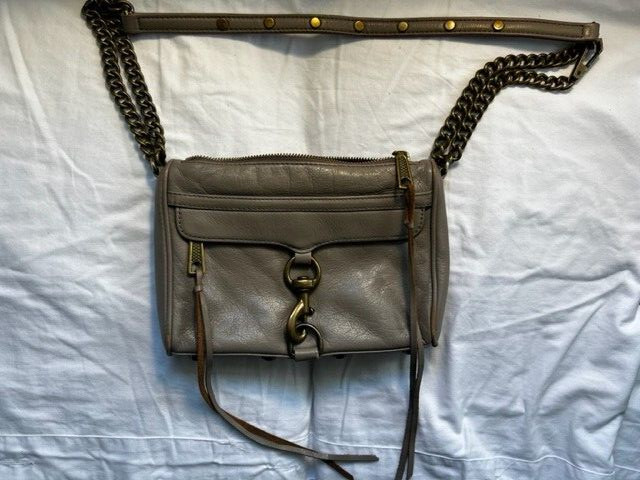 Rebecca Minkoff Gray Mini M.A.C. Leather Crossbody Bag Brass Chain Metal Accents