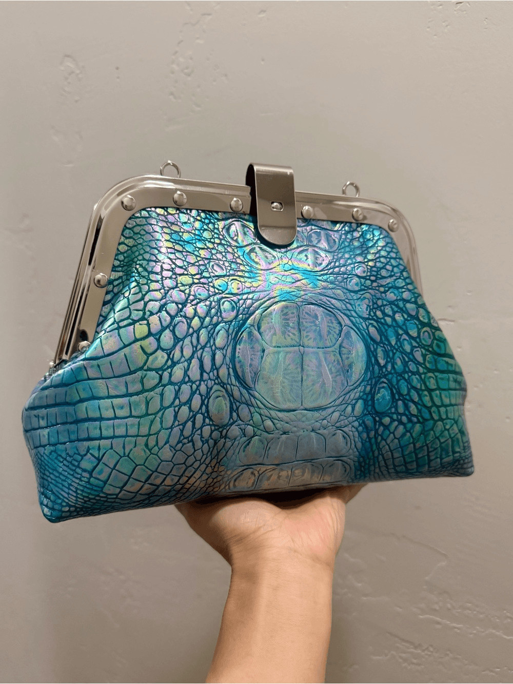 Iridescent Croc-Embossed Cowhide Handmade Unique Rivet Frame Bag, Large Size