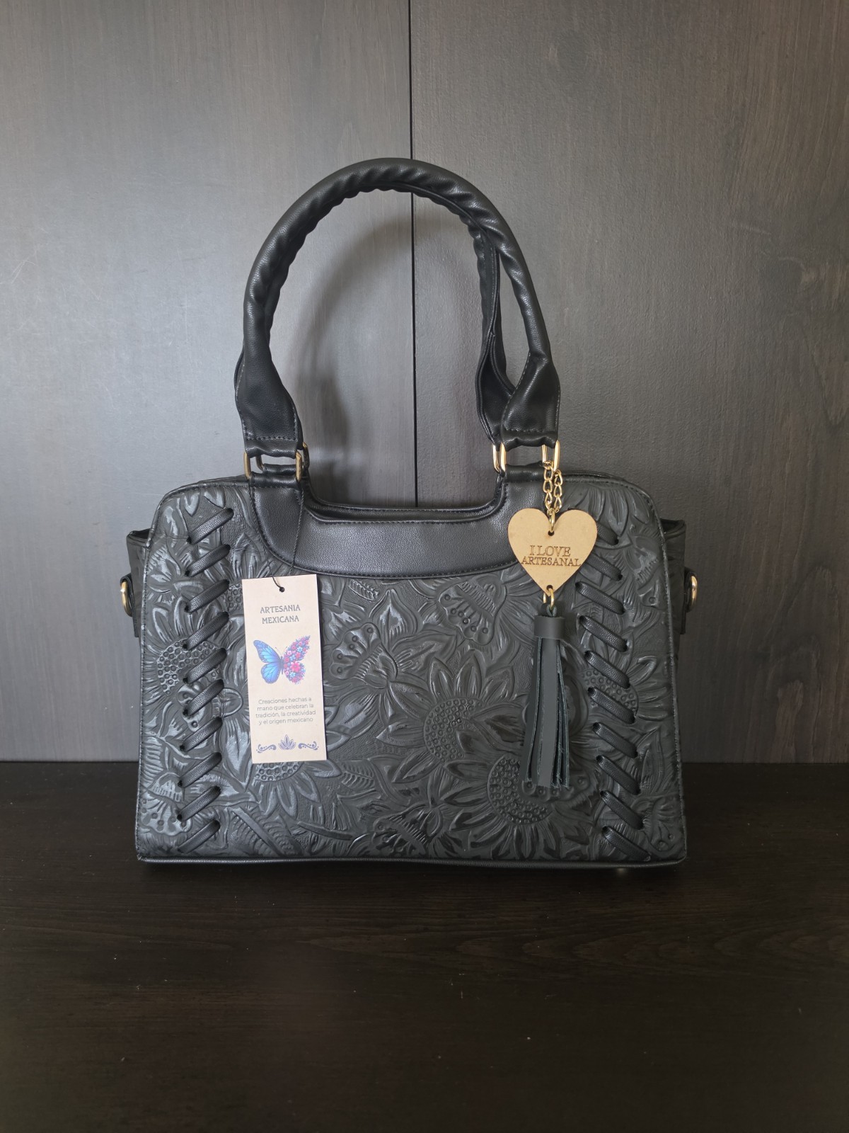 Sunflowers Black Stitched Embossed Tooled Artisan LEATHER Purse Crossbody Bag