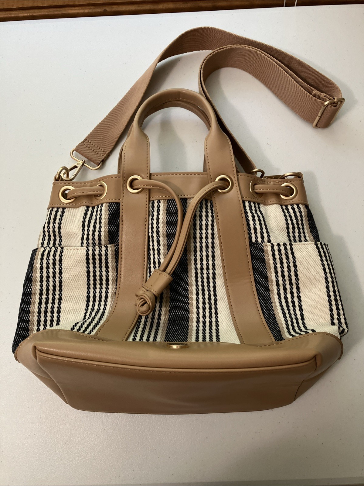 Unbranded Tan Blue Ivory Stripe Purse Double Handle W Detachable Shoulder Strap