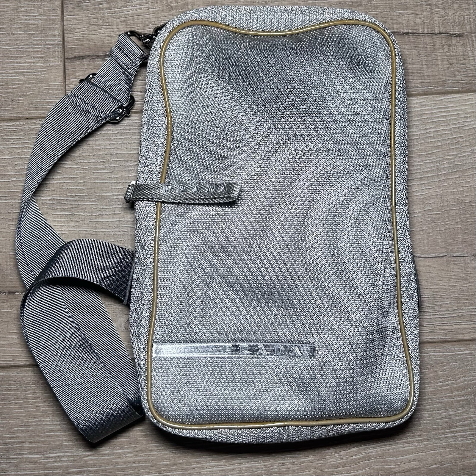 Prada Silver Metallic Tech Sling Crossbody Bag Non Prada Replacement Strap