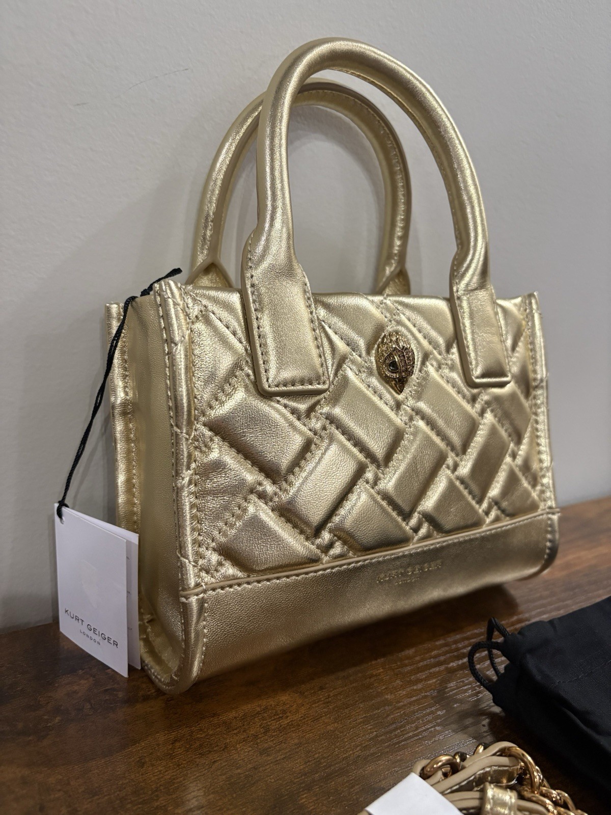Kurt Geiger London Metallic XS Kensington Gold Drench Square Tote Shoulder Strap