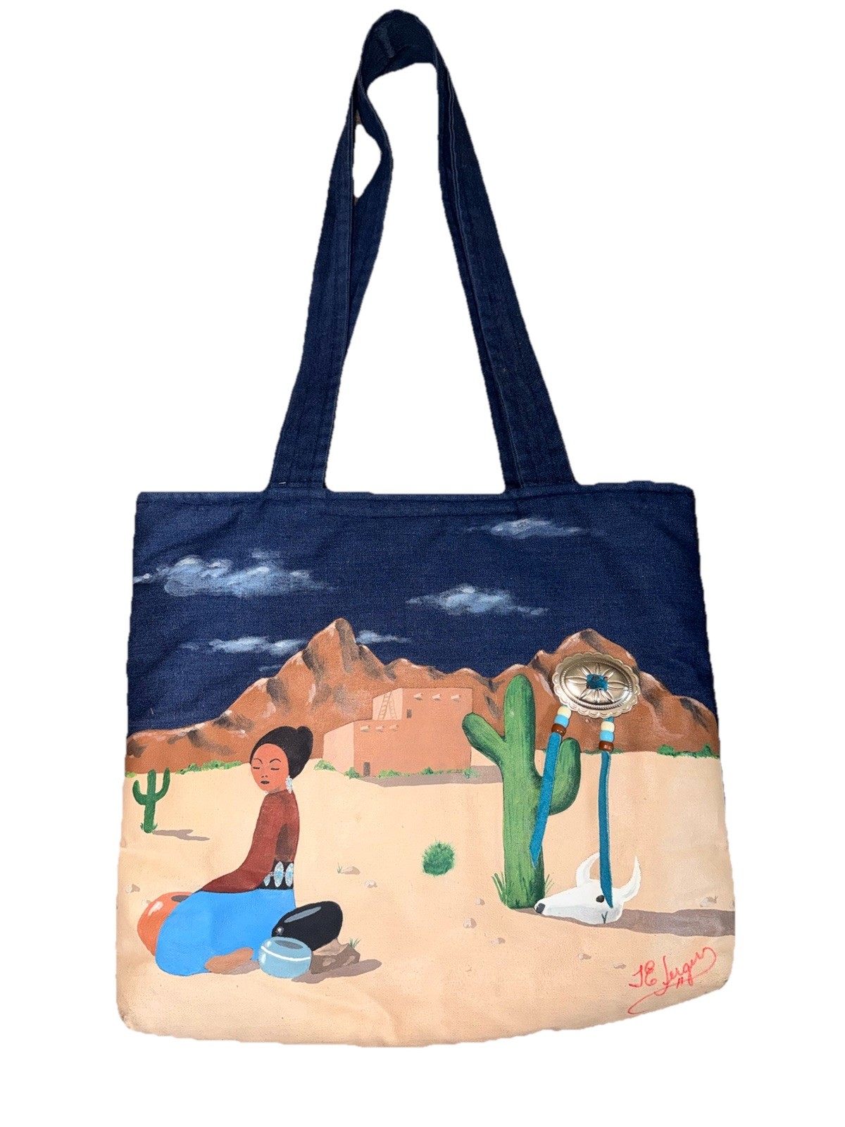 Vintage J.E. Jergens Hand Painted Tote Bag Signed Southwestern Concho Boho