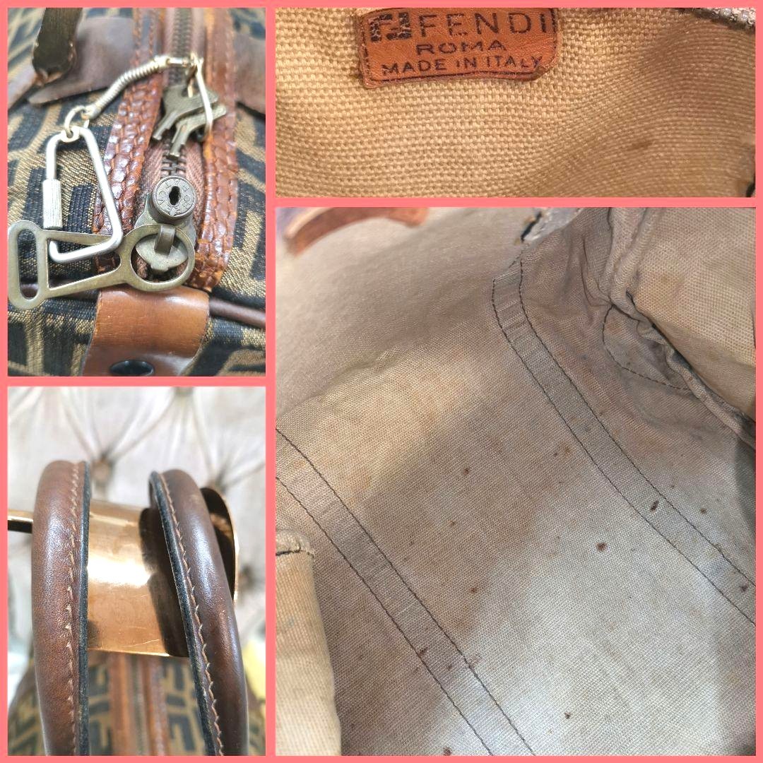 FENDI Zucca FF Monogram Boston Handbag Brown Canvas Leather Vintage Italy 28cm
