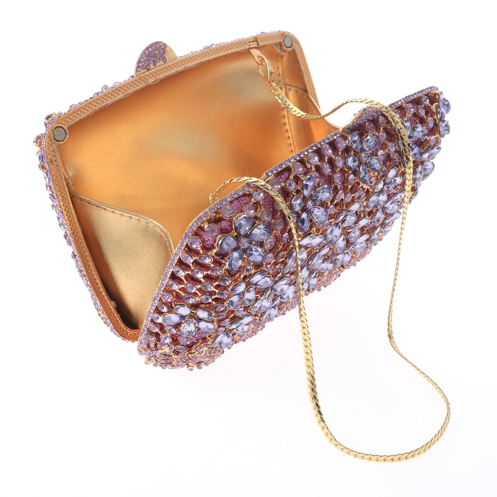 Gold Tone Alloy Metal Crystal Rhinestone Clutch Evening Bag HB6290-LAV