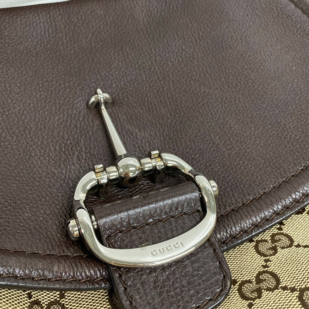 GUCCI GG/Horsebit 240266 Beige Dark Brown Jacquard Leather Shoulder Bag