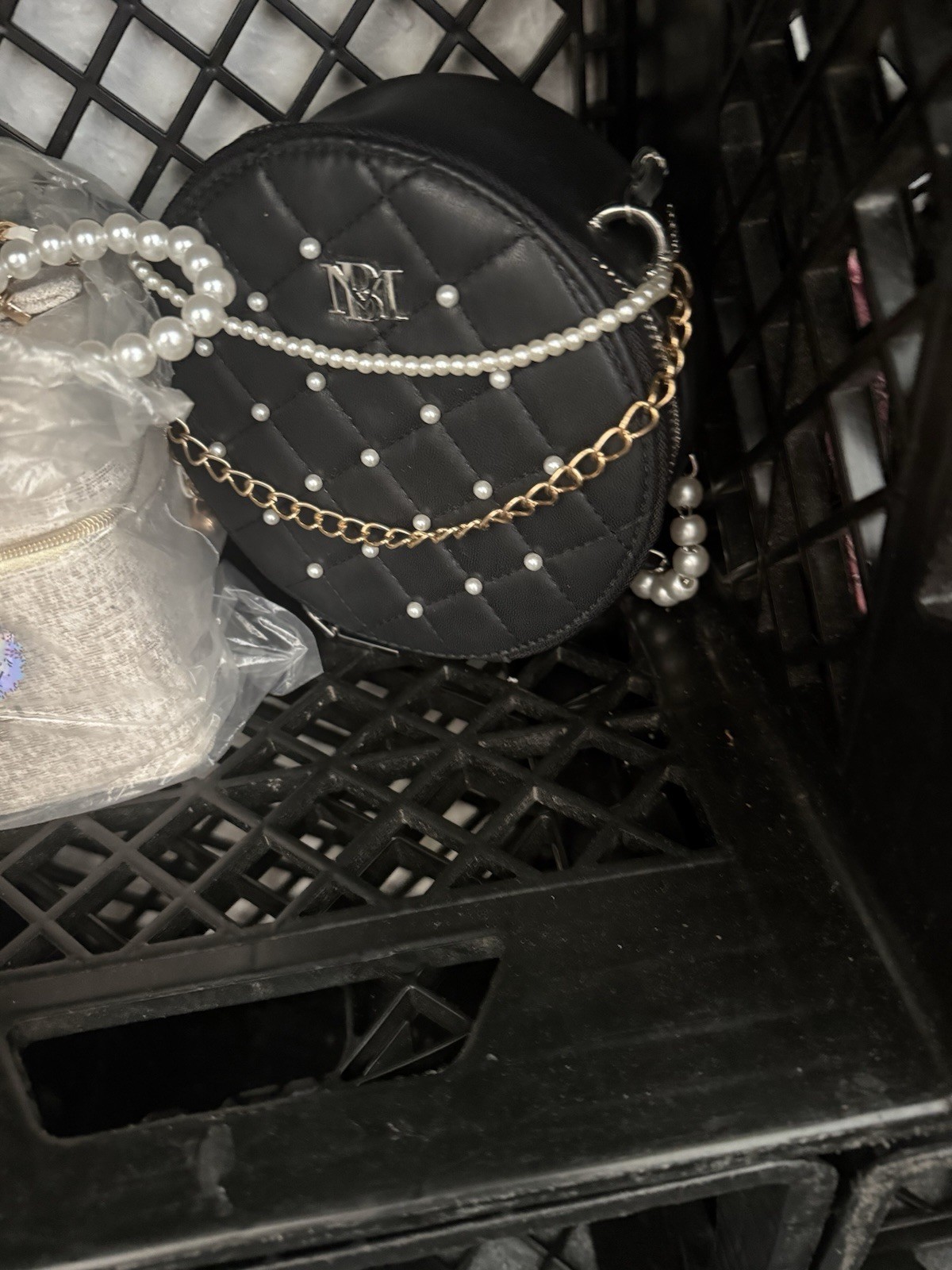 Round Black Crossbody Bag, Zip Closure, Pearl & Studded Accents, Gold Chain