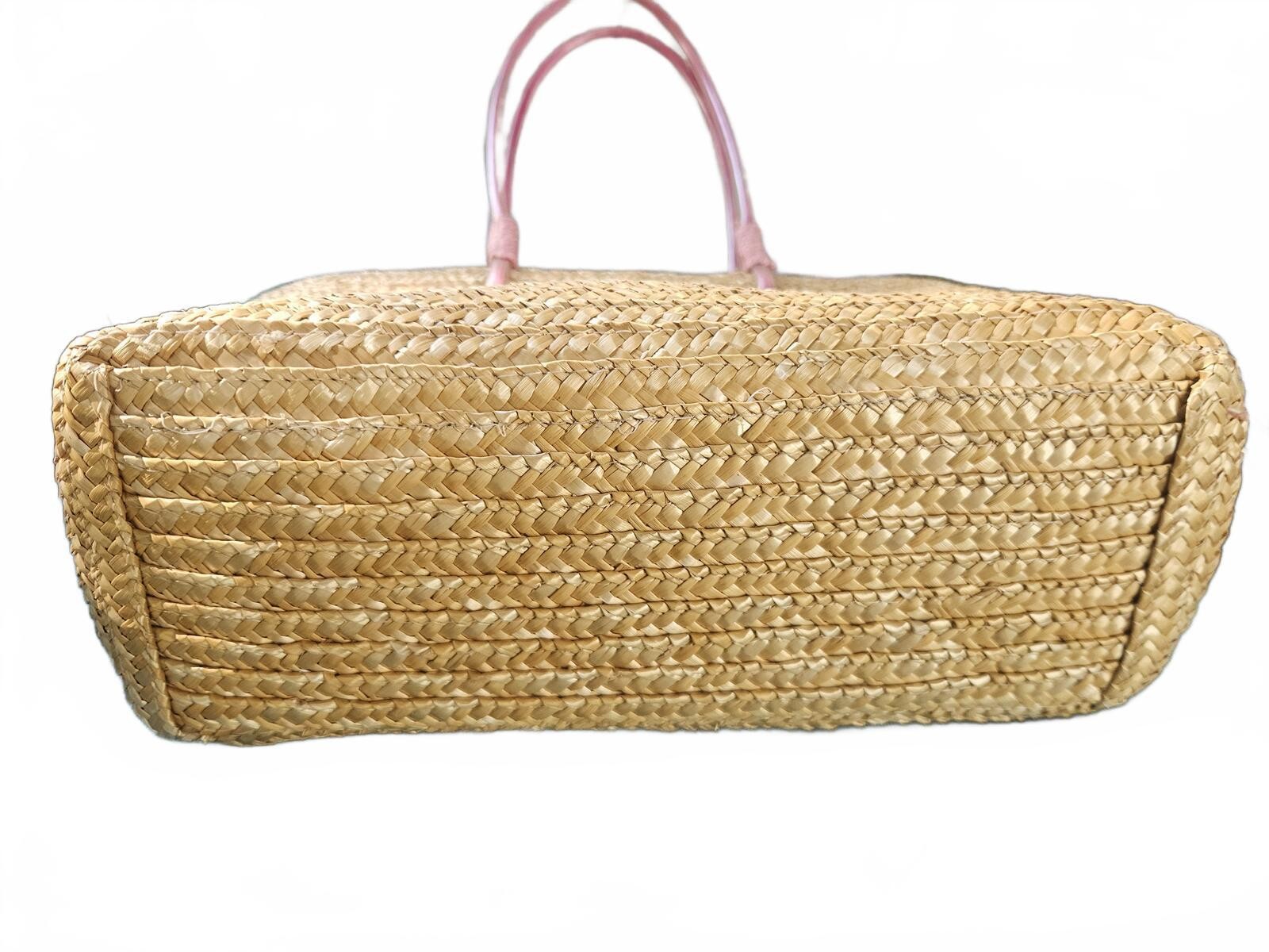 Bloomindales Straw Tote Bag with Embroidered Pink White Flower Pocket
