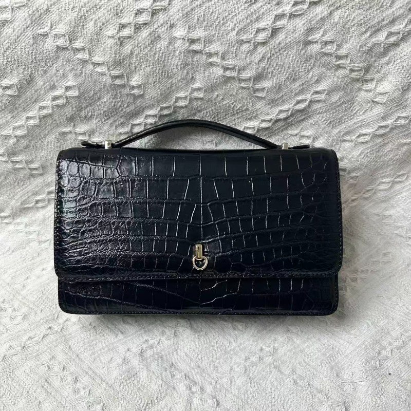 Black Genuine Croco Belly Skin Leather Women Handbag Shoulder Purse