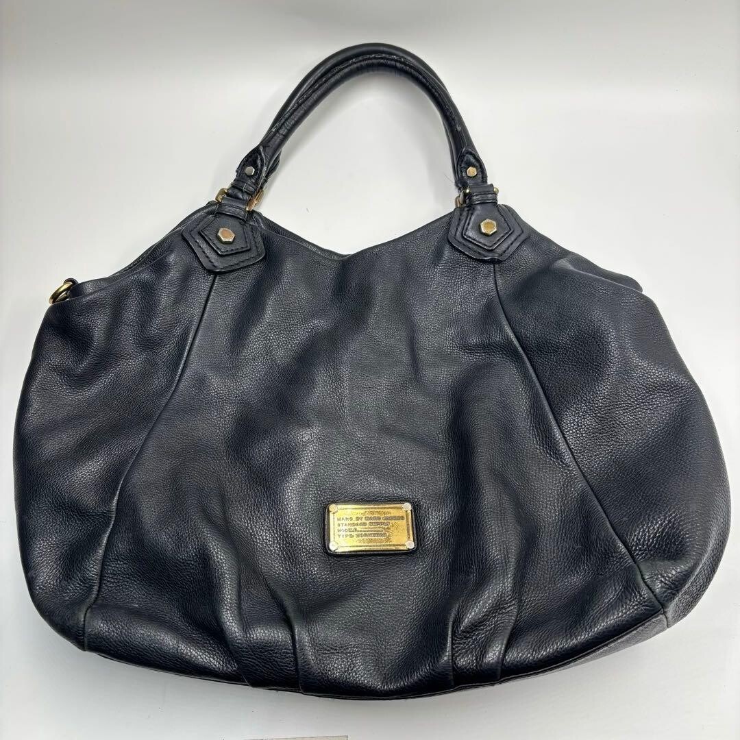Marc by Marc Jacobs Q Fran Black Leather 2 Way Handbag Tote Bag Gold Logo Large