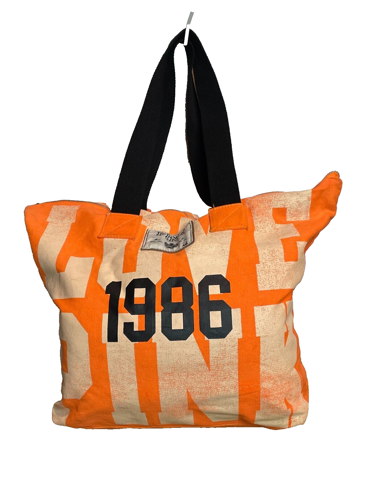Pink by Victoria’s Secret THRASHED Neon Fluorescent Orange Zip Canvas Tote Bag