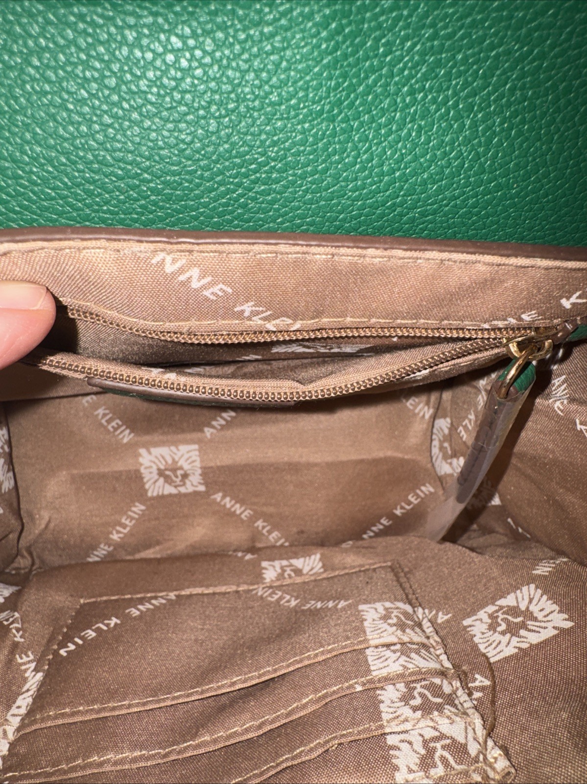 Anne Klein Green Navy White Satchel Top Handle Zip Detachable Strap Card Case