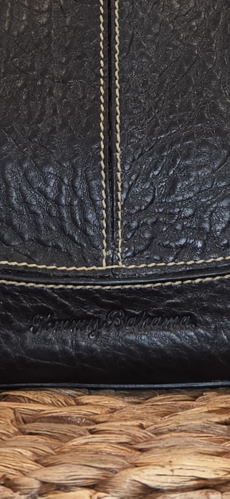 Tommy Bahama Black Pebbled Leather Satchel Bag Mother Of Pearl Shell Hardware