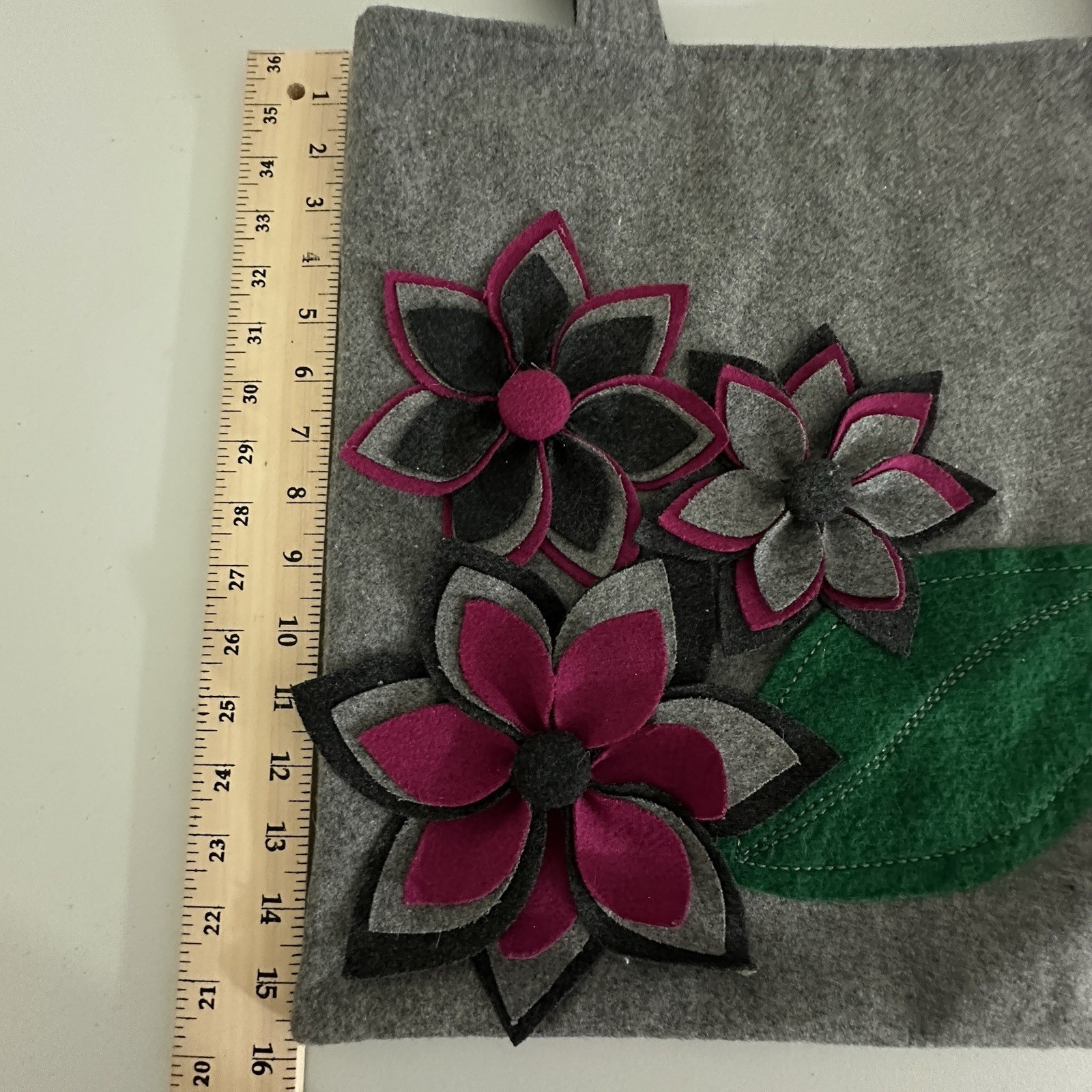 Gray Felt Floral Applique Tote Bag Magenta Flower Large Shoulder Bag Handcrafted