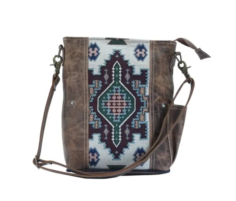 Hopofly Leather and Up Cycled Geometric Print Canvas Shoulder Bag