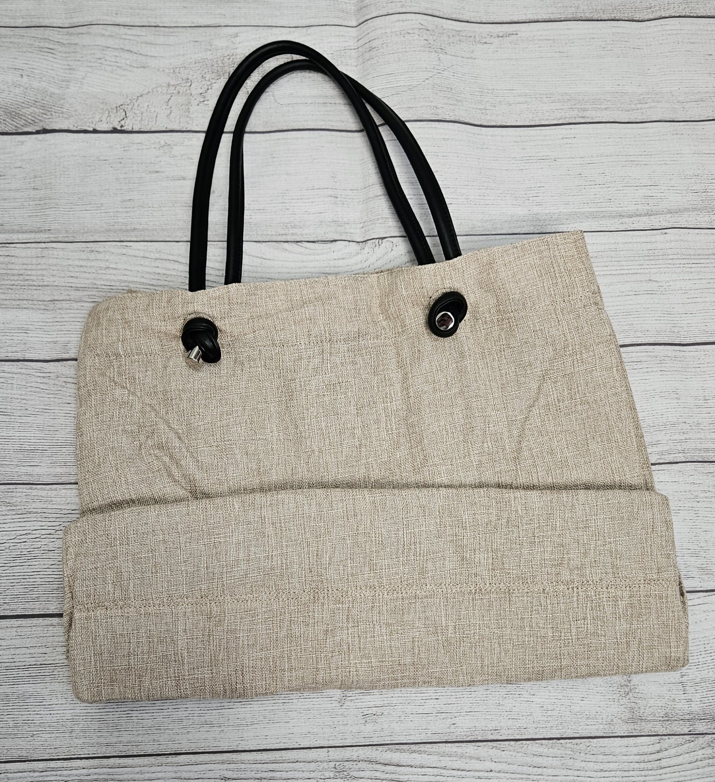 ANINE BING Beige Logo Tote Bag Double Handles Black Lined Inner Pockets