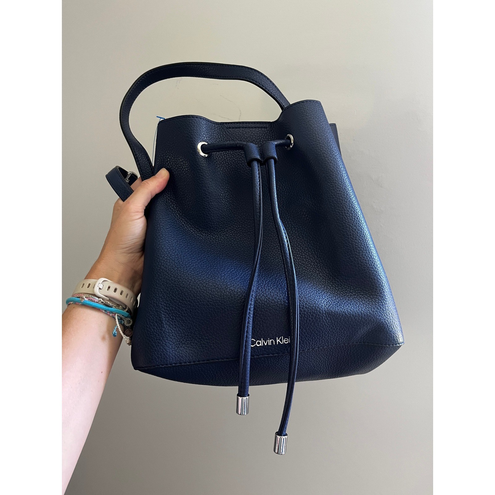 Calvin Klein Leather Bucket Bag Navy Blue Drawstring Everyday Chic Office Modern