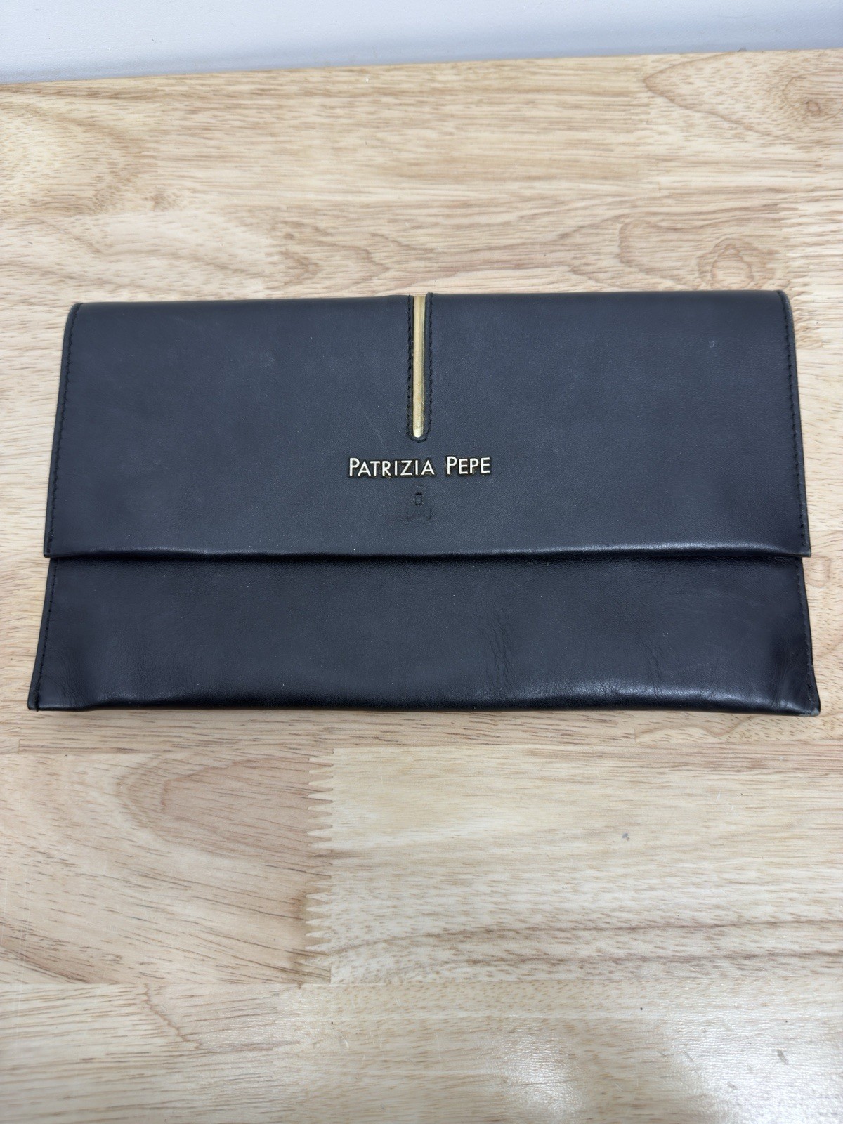 PATRIZIA PEPE black clutch purse Leather Fold Over No Strap 11”x6” #43