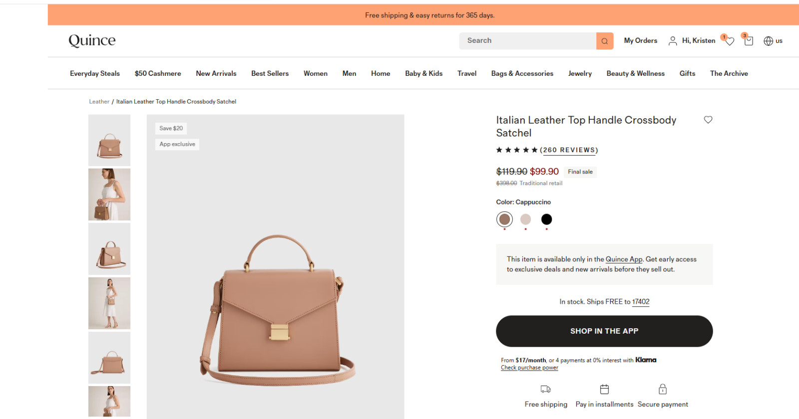 NWT QUINCE ITALIAN LEATHER TOP HANDLE CROSSBODY SATCHEL HANDBAG CAPPUCCINO $119