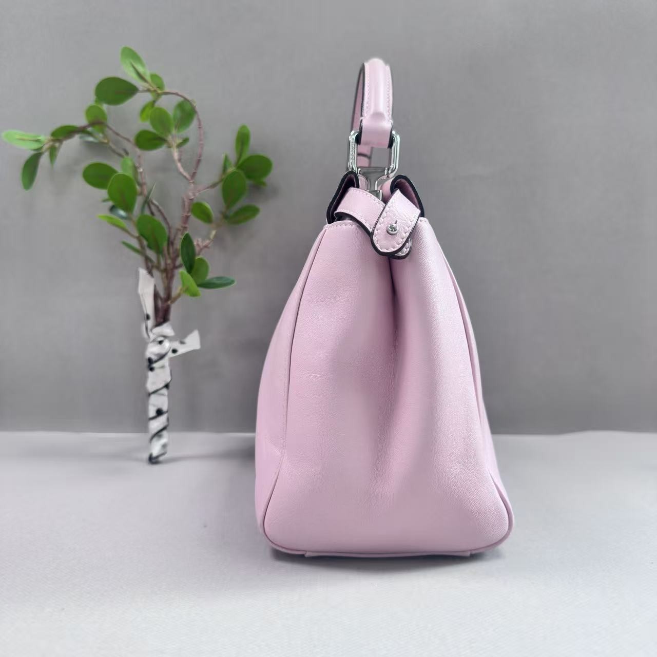 Fendi Peekaboo Light Pink Smooth Leather Silver Twist Lock Top Handle Bag