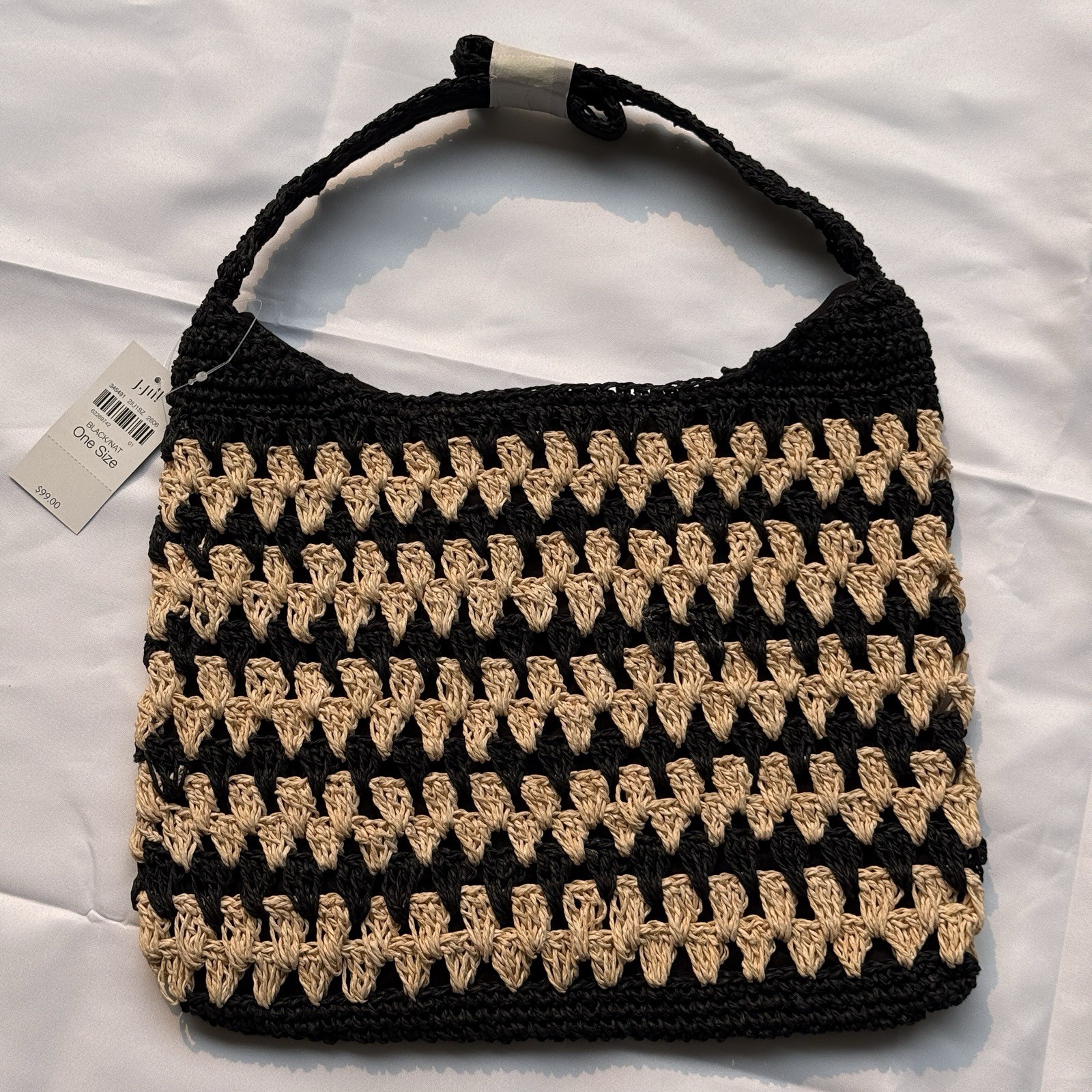 J Jill Crochet Straw Tote Bag Black Natural Beach Boho Shoulder Purse New W/ Tag