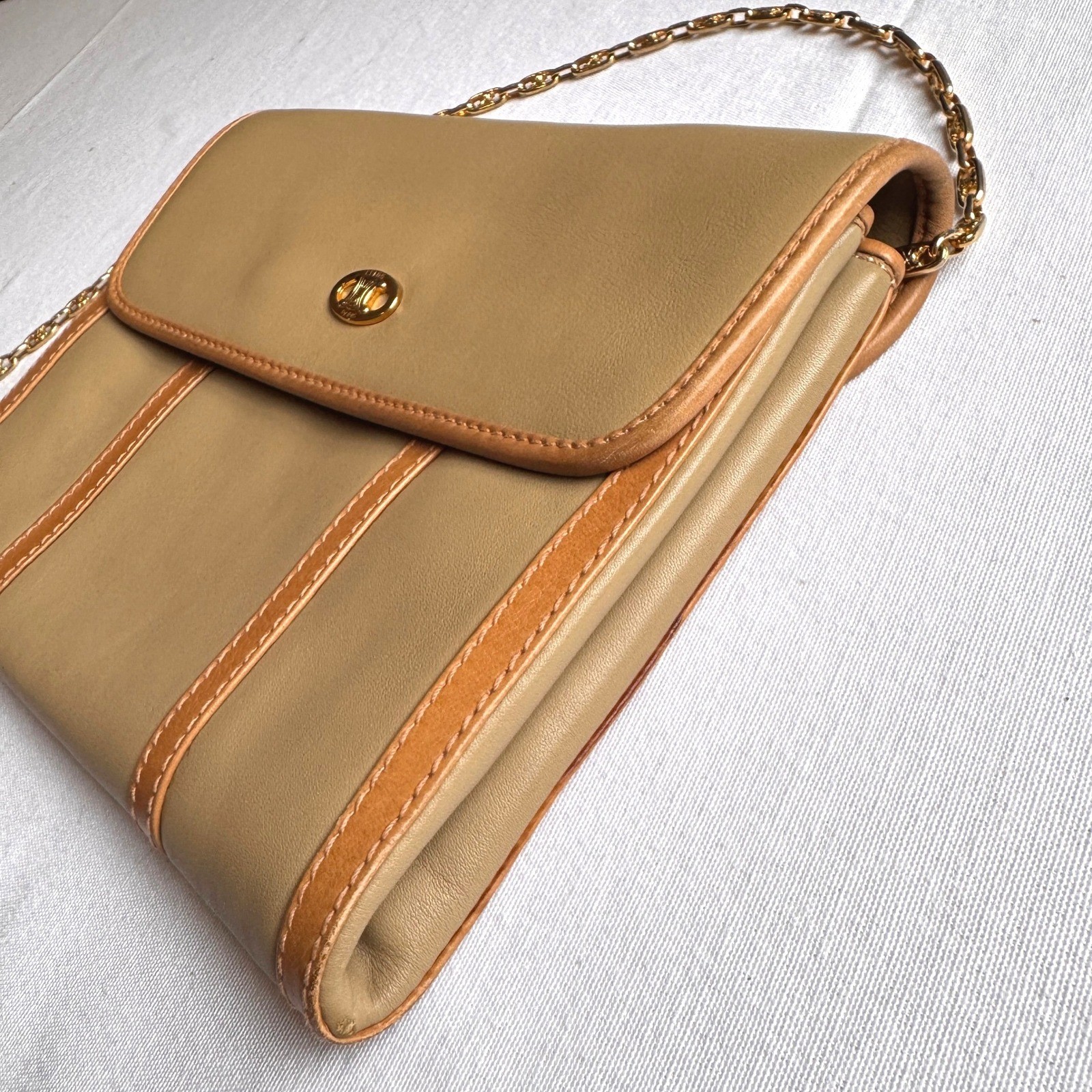 Vintage Celine Paris Triomphe Leather Chain Crossbody Tan Gold Hardware Flap