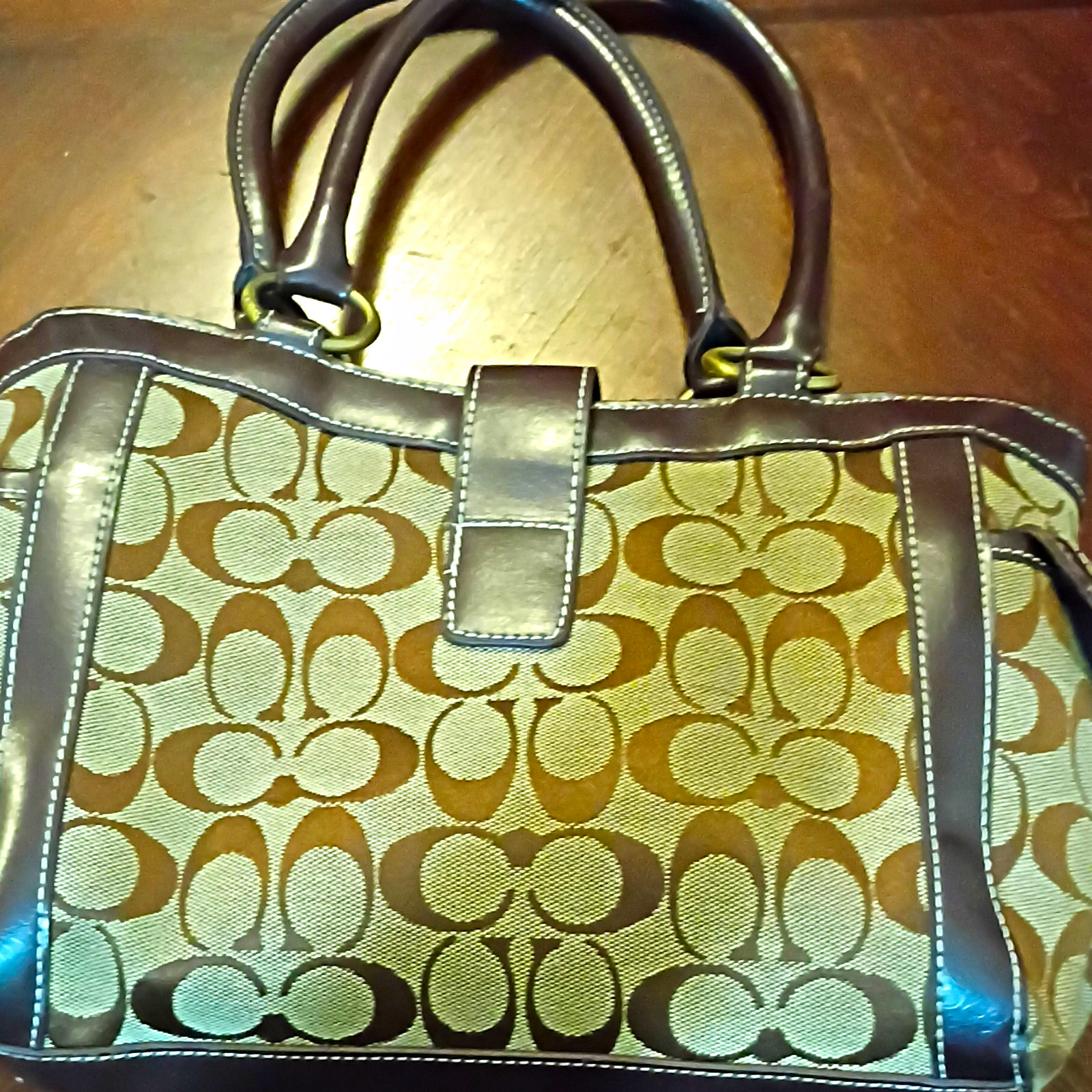 Coach Signature Monogram Satchel Top Handle Bag Brown/Beige Medium Zip