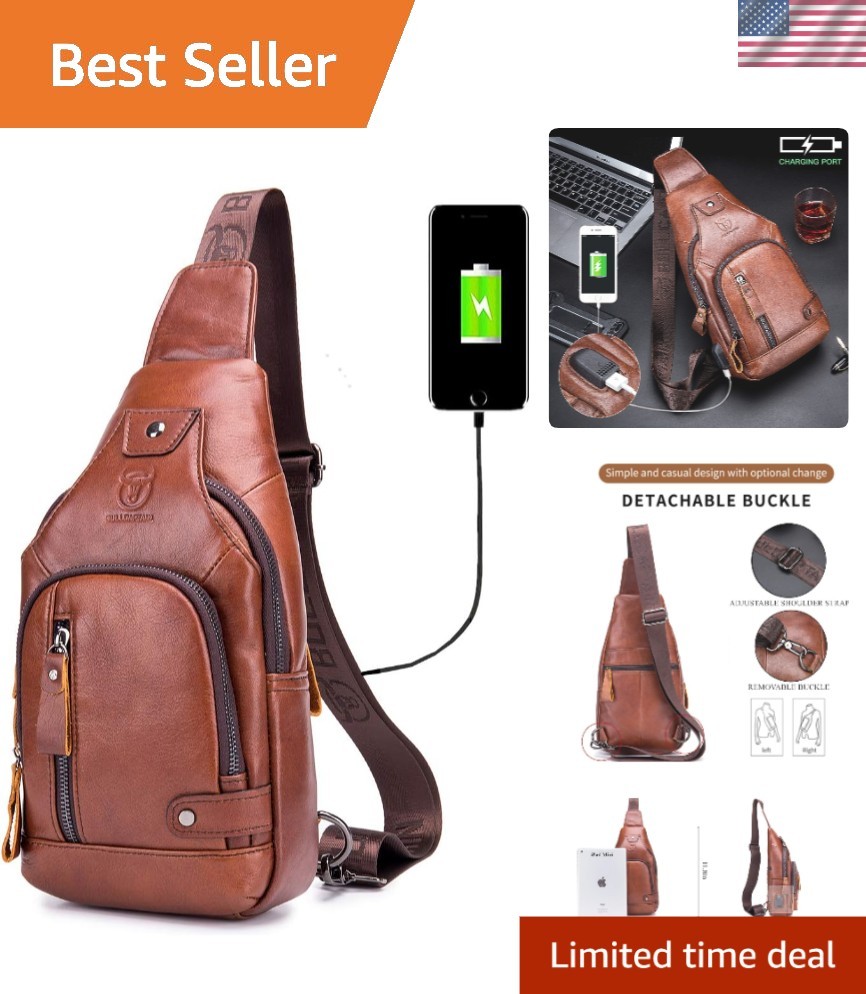 Stylish Genuine Leather Sling Bag with USB Charging Port for Daily Adventures