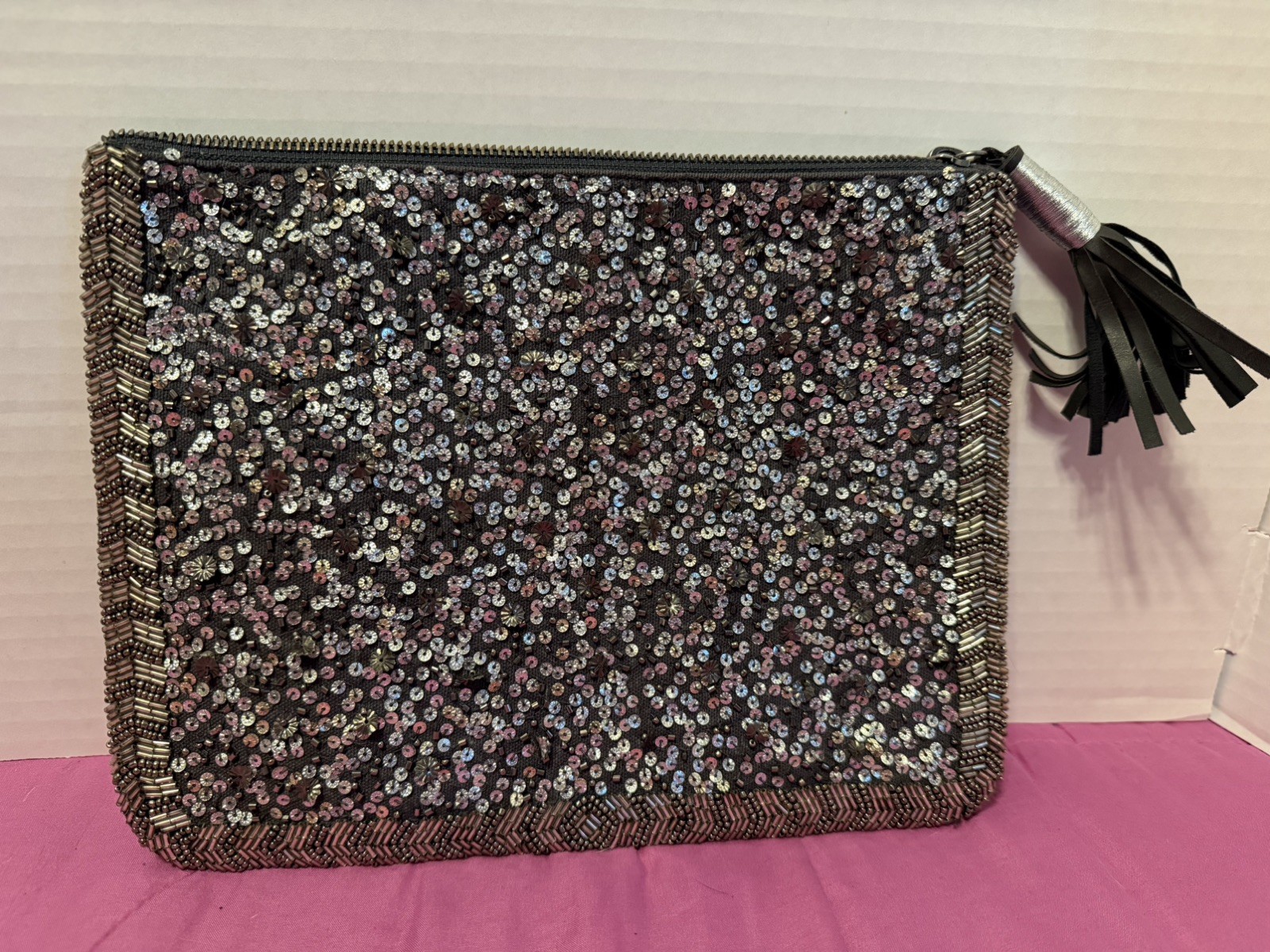 Mossimo Dark Gray Silver Sequin Beaded Tassel Zip Pouch Clutch Bag Cosmetic Case
