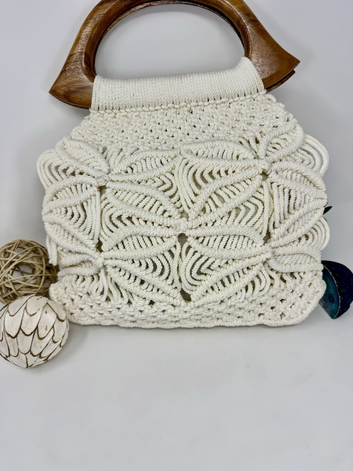 Vintage Ivory Crochet Bohemian Bag Wooden Handle Fabric Lined Interior