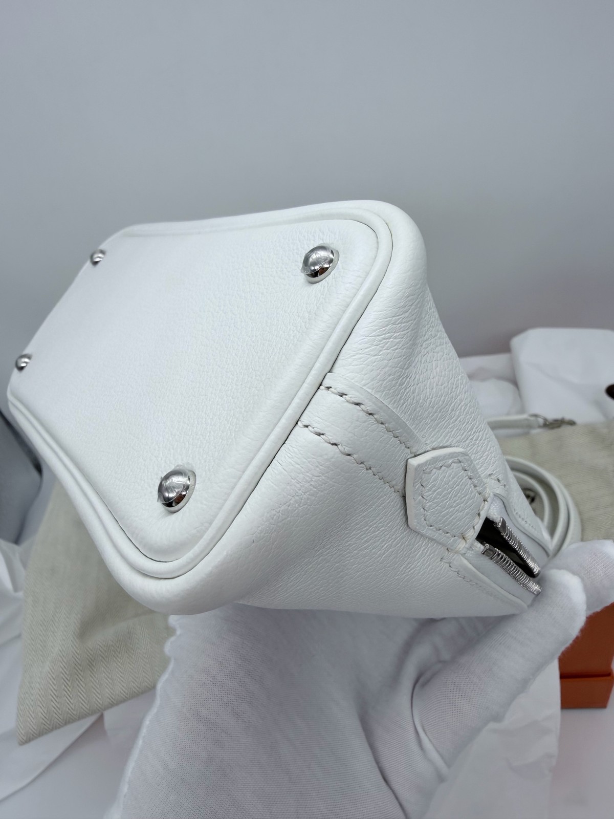 AUTH Hermes Mini Bolide White Leather Palladium Hardware Top Handle Bag