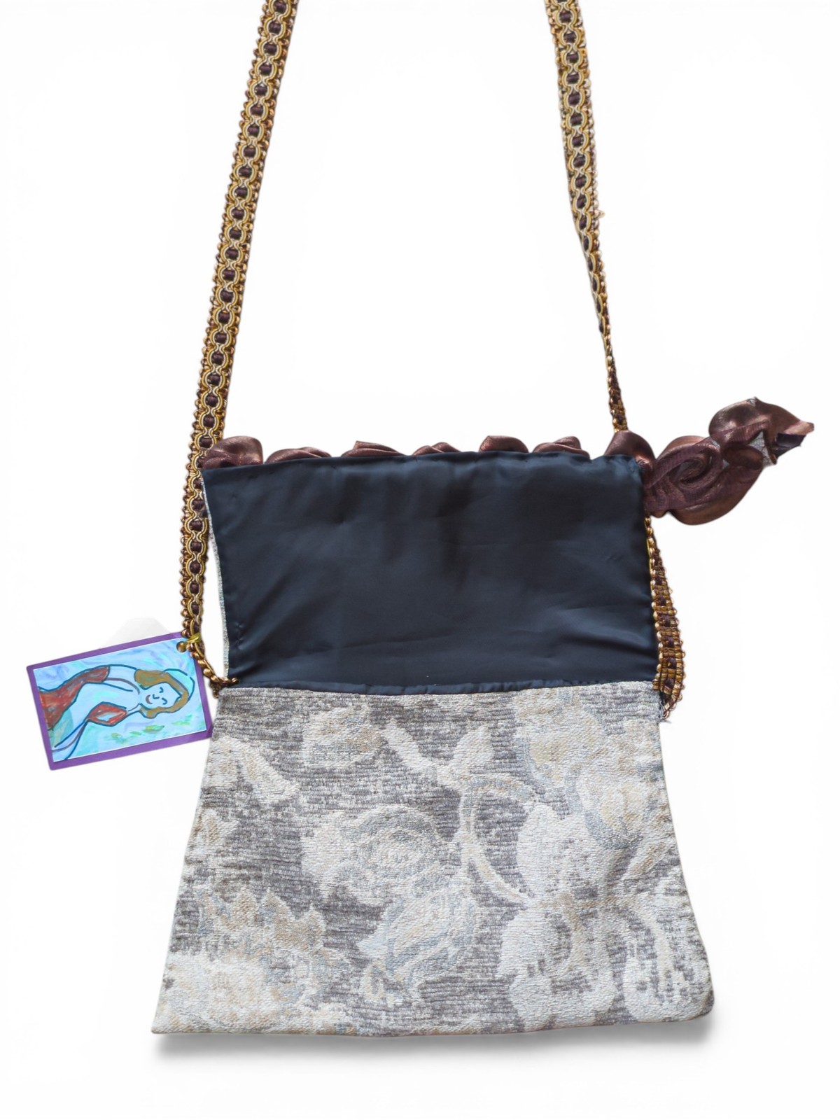 Handmade Floral Tapestry Crossbody Purse, Bronze Satin Ribbon Detail, NWT