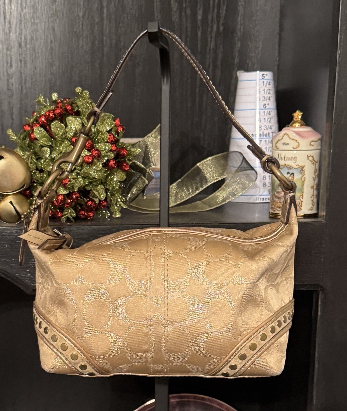 Vintage Y2K Champagne Gold Mini Hobo Bag With Studded Leather Trim