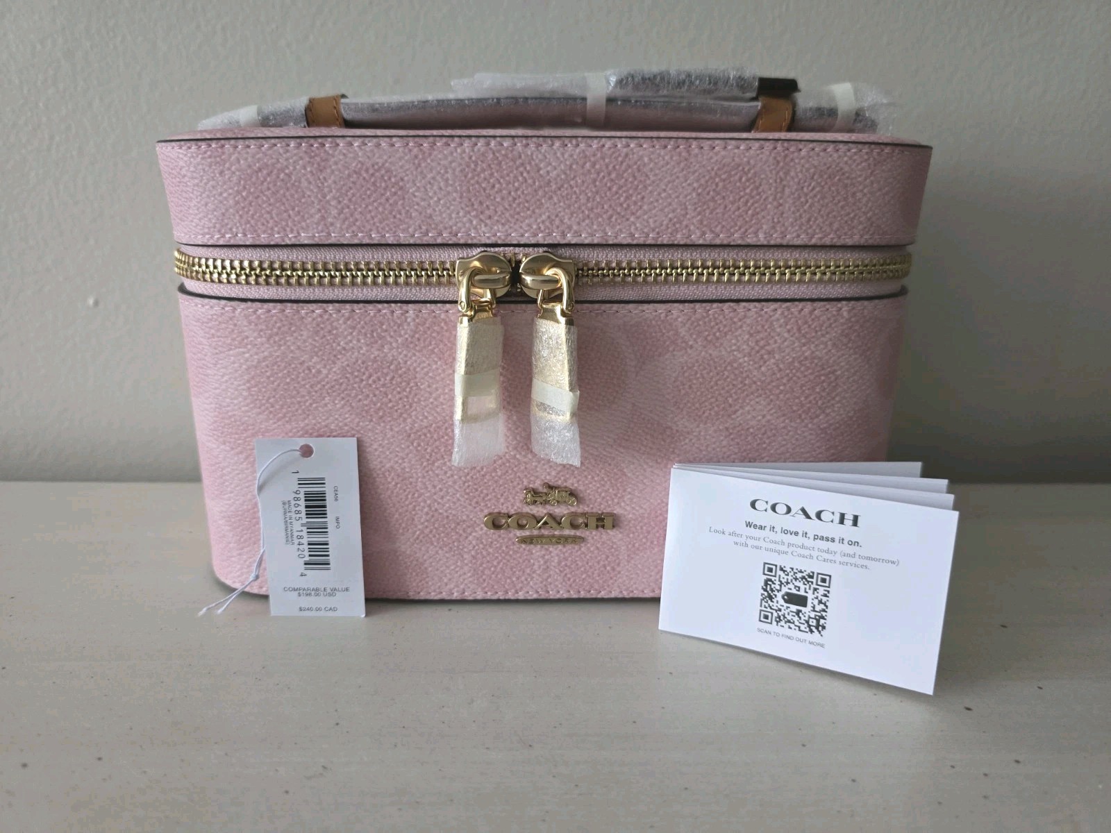 NWT Coach Cosmetic Case Satchel In Signature Canvas CEA56 Powder Pink Brown