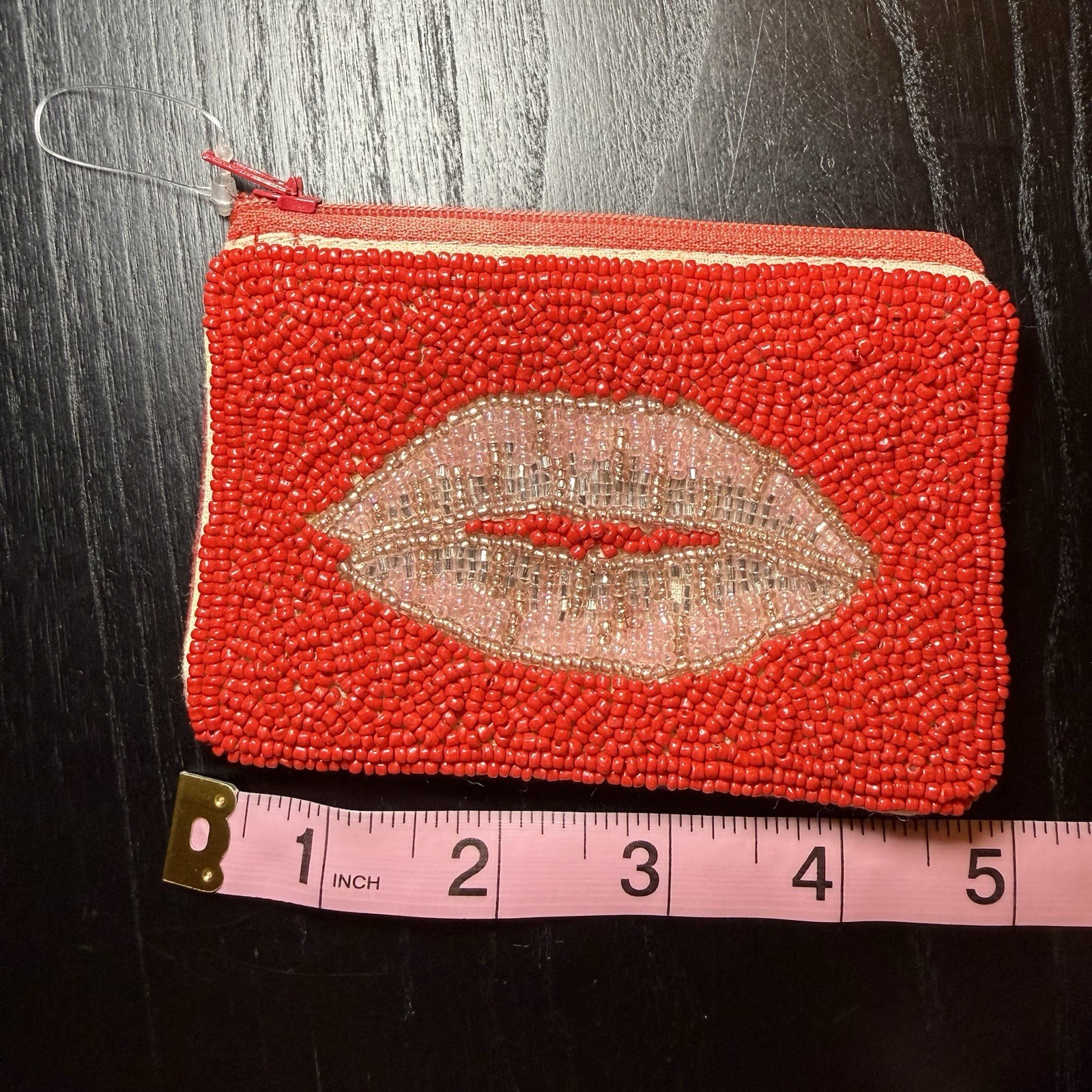 Beaded Zip Pouch Boutique Kiss Lips Red Coin Purse Lipgloss Bag Charm Key Chain