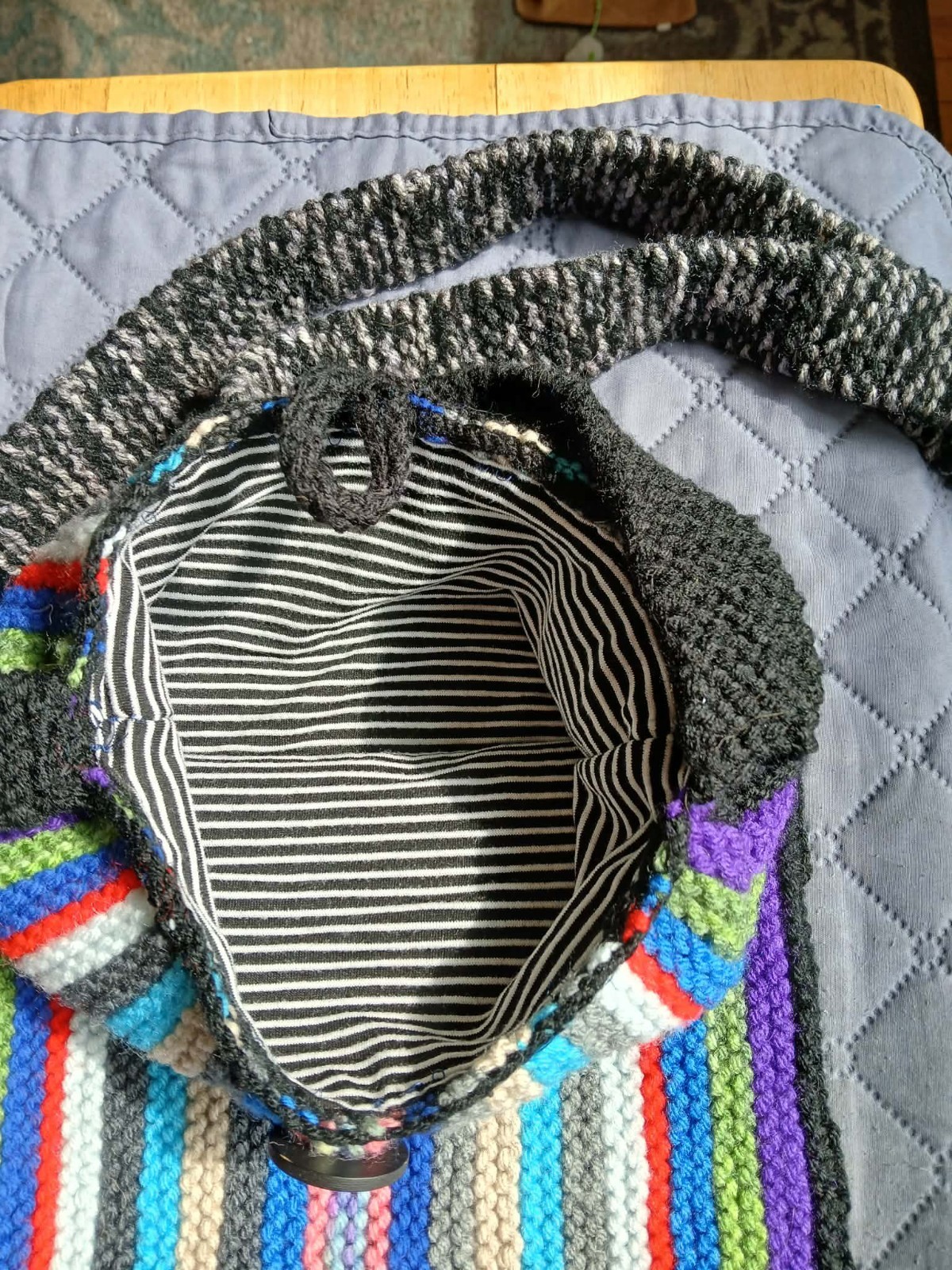 Hand Knitted Ladies Boho Multi Striped Cross Body Bag ,Lined, And Front Fasten